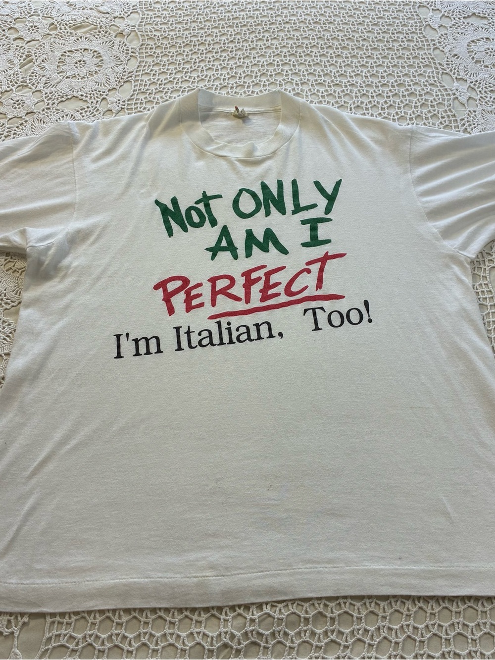Screen Stars White T-Shirt with Green, Red and Black Italian Graphic